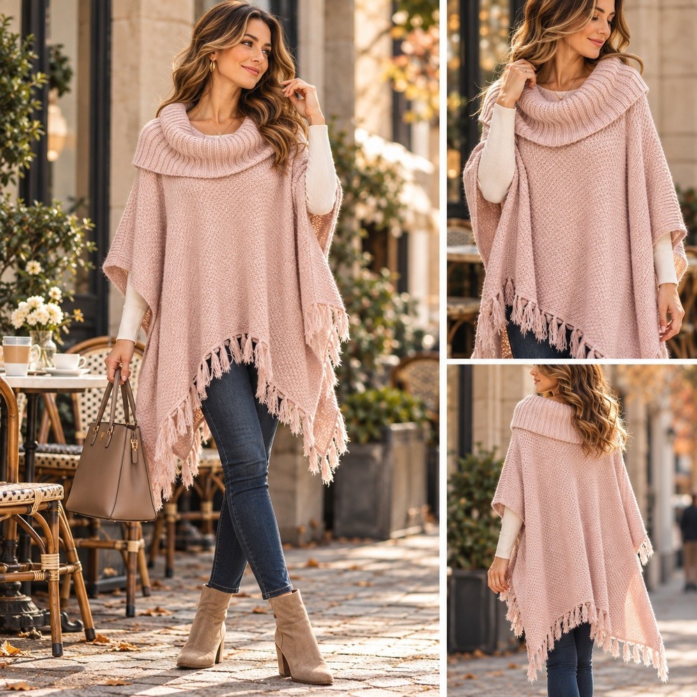 New York & Company Pink Cowl Neck Fringe Hem Knit Poncho Sweater Boho